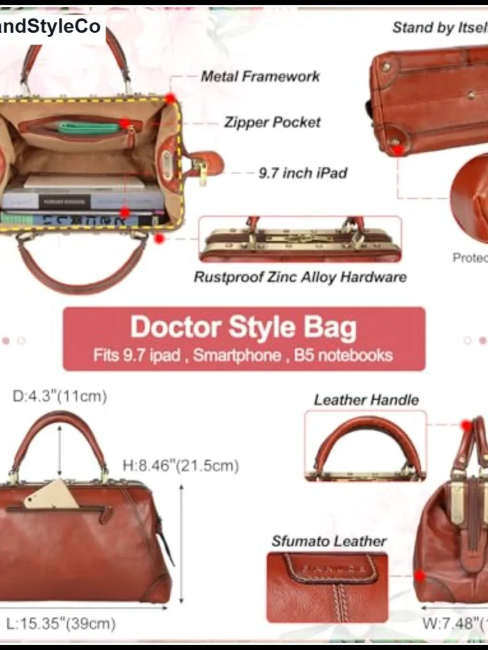 Italian Full Grain Leather Doctor Bag Purse Women Tote Handbag